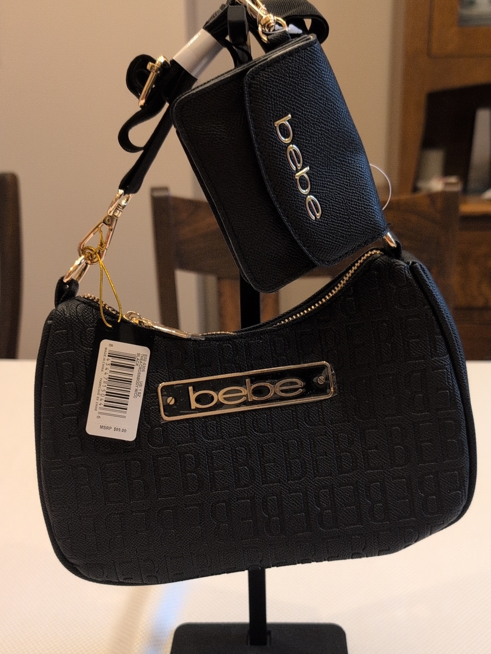 bebe Black Textured Logo Crossbody Bag with Matching Coin Pouch